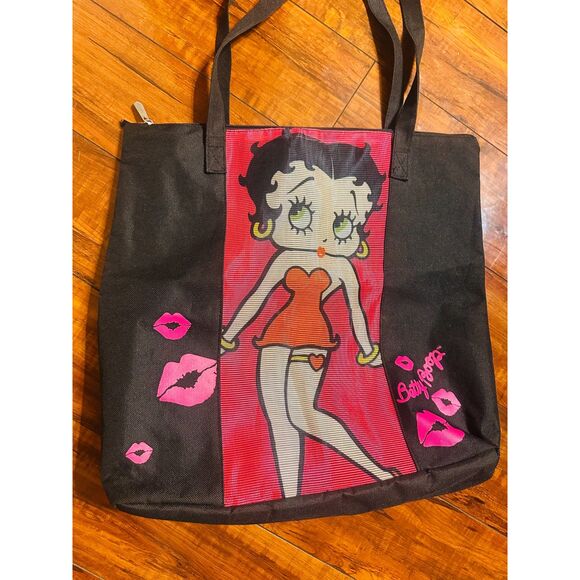 Betty Boop Handbags - Betty Boop Themed Retro Fun Beach Mesh Front Panel Tote Bag w/ Small Coin Pouch